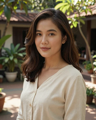 Kannika, 29, Thai woman from Chiang Mai standing in a sunny garden courtyard