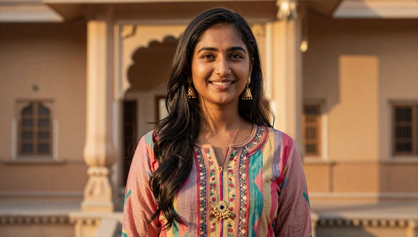 Indian woman in traditional attire with ornate architecture backdrop