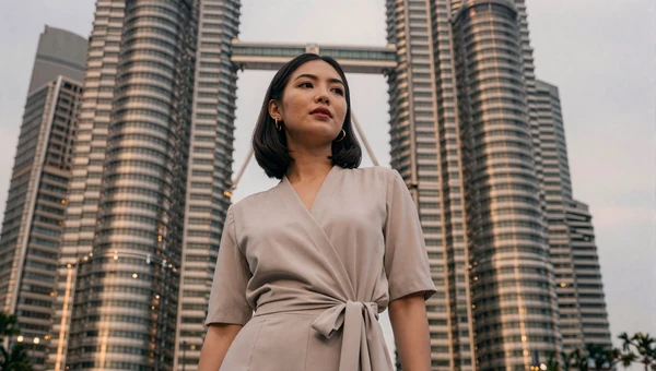 Elegant Malaysian woman in modern attire with Kuala Lumpur skyline at golden hour