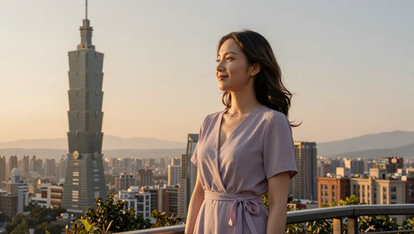 Taiwanese woman in lavender dress overlooking Taipei 101 skyline at sunset