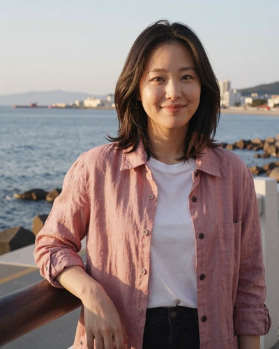 Min-Ji, 26, Korean woman from Busan in a dusty rose jacket on the seaside boardwalk