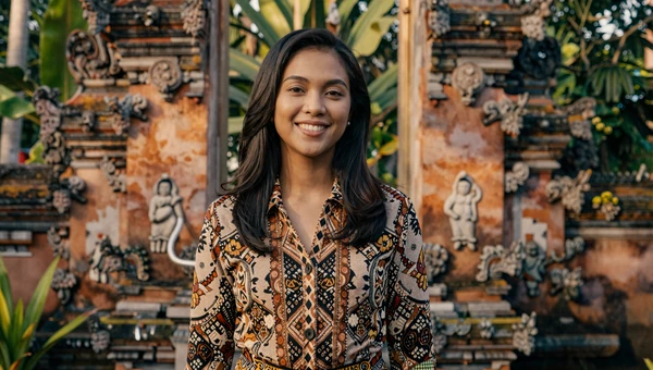 Beautiful Indonesian woman in batik blouse near traditional temple architecture surrounded by tropical greenery