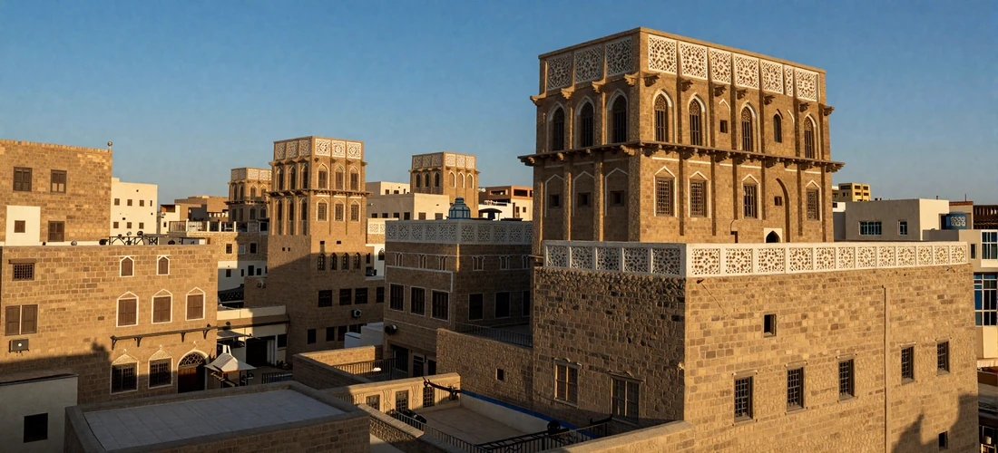 Historic tower houses of old Sanaa Yemen with distinctive white geometric plaster decorations against warm stone walls under golden afternoon sunlight