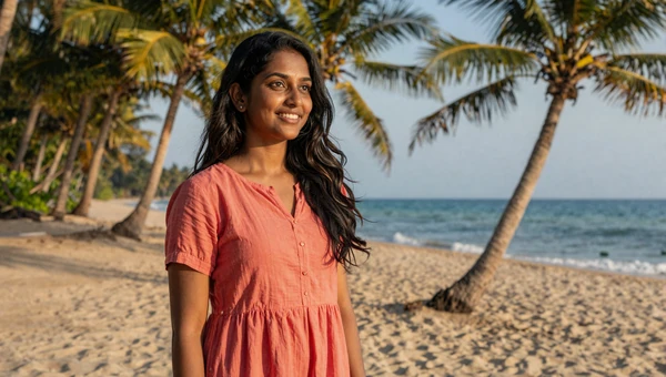 Sri Lankan woman in coral dress near a tropical beach with palm trees