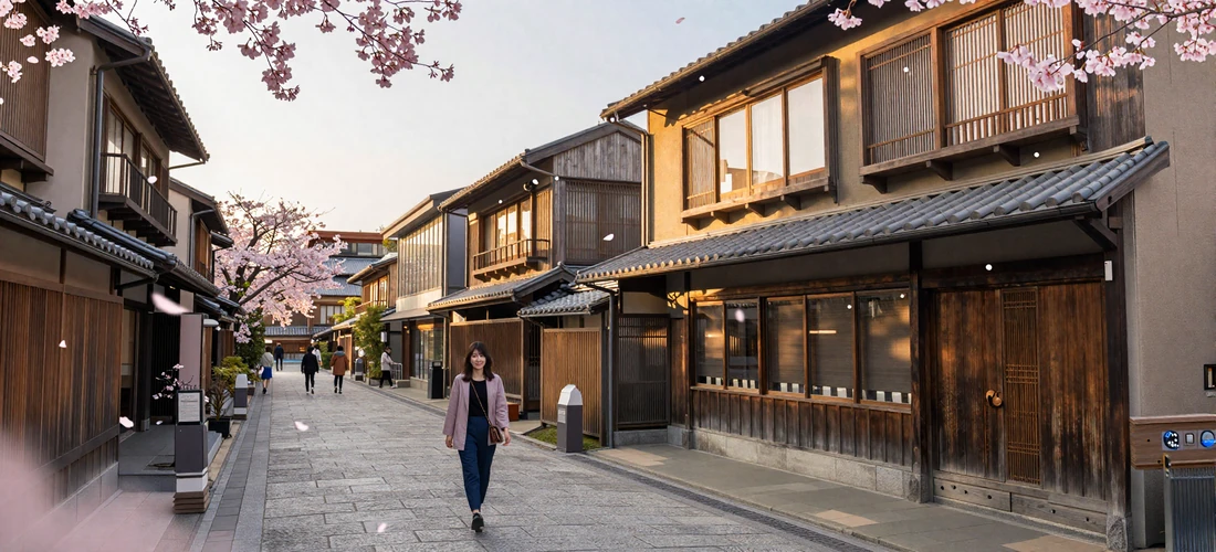 Scenic Kyoto street blending traditional machiya townhouses with modern architecture and cherry blossoms