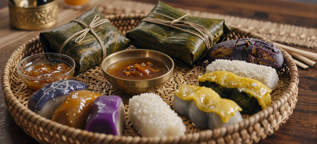 Traditional Bruneian Malay food spread featuring ambuyat with dipping sauces and colorful kuih-muih sweets on ornate brass dishes