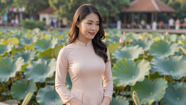 Vietnamese woman in a pastel ao dai beside a lotus pond in Hanoi