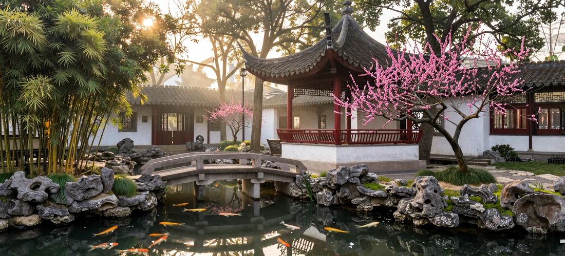 Traditional Chinese garden with curved stone bridge over koi pond and red pavilion surrounded by bamboo and plum blossoms