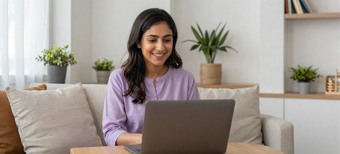 Pakistani woman smiling during a video call in her modern living room