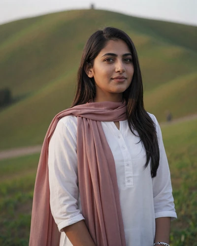 Amina, 24, Pakistani woman from Islamabad in a rose dupatta with green hills behind her