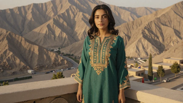 Elegant Afghan woman in embroidered tunic with mountain landscape in background