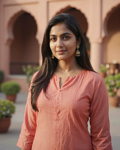 Roshni, 27, Indian woman from Hyderabad in a coral kurti in a sunny courtyard