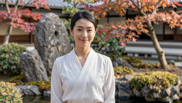 Elegant Japanese woman near a traditional zen garden in Kyoto with autumn maple trees