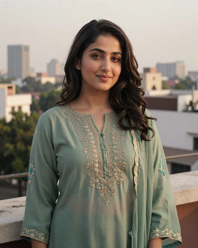 Fatima, 25, Pakistani woman from Lahore in an embroidered shalwar kameez on a rooftop terrace