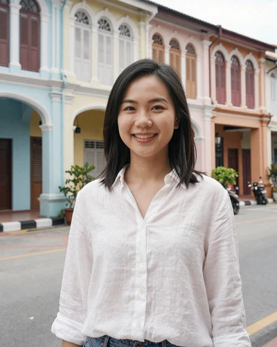 Ling, 26, verified Chinese-Malaysian woman from Penang in a white linen shirt on a heritage street