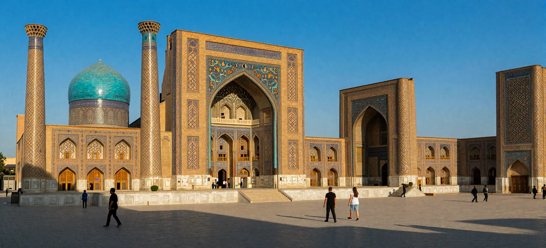 Majestic Registan Square in Samarkand with turquoise-tiled madrasas illuminated by golden afternoon sunlight showcasing Uzbekistan Silk Road heritage