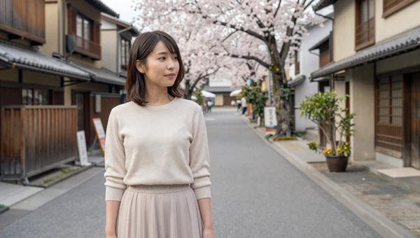 Beautiful Japanese woman on a serene Tokyo street with cherry blossom trees and traditional buildings in spring light
