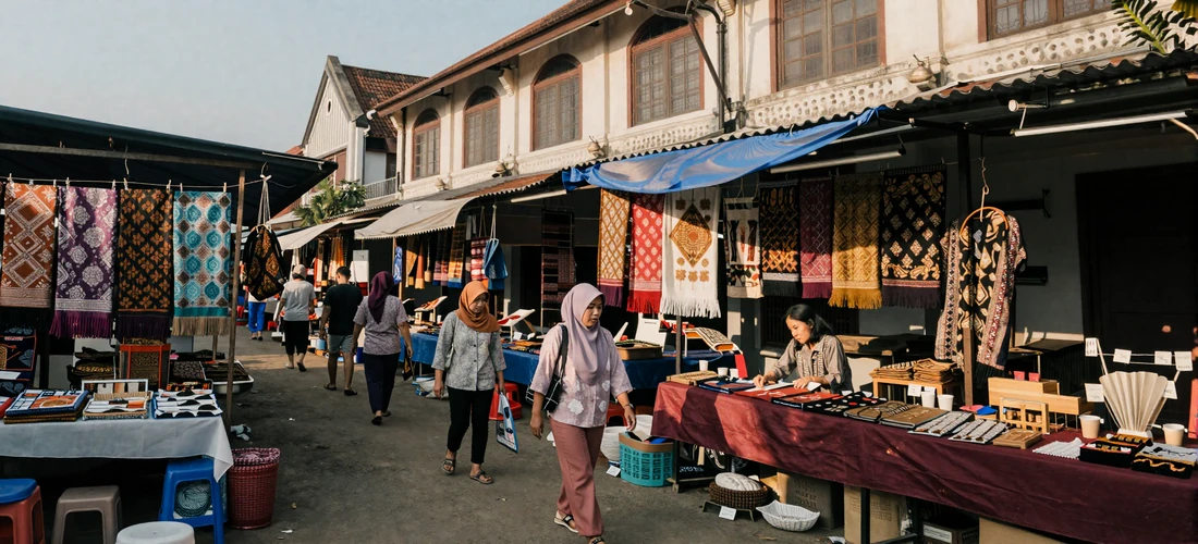 Colorful batik fabric market in Yogyakarta Indonesia with traditional crafts and colonial architecture