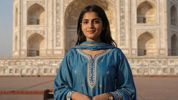 Pakistani woman in elegant blue shalwar kameez near Mughal architecture