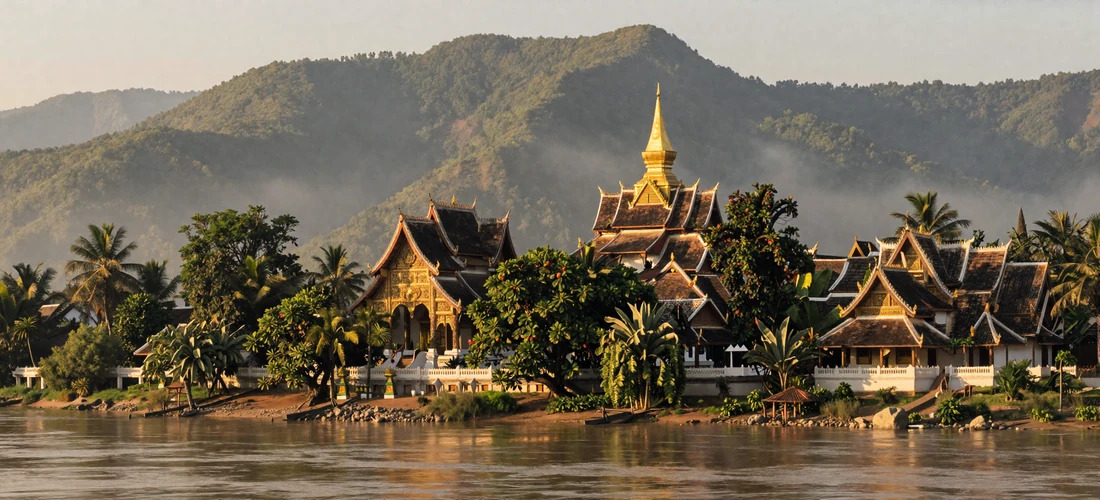 Golden Buddhist temple rooftops in Luang Prabang Laos rising above tropical trees with the Mekong River flowing peacefully at golden hour