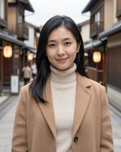 Mika, 29, Japanese woman from Kyoto in a cream turtleneck on a traditional Japanese street