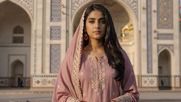 Elegant Pakistani woman near Mughal architecture in dusty rose shalwar kameez at golden hour