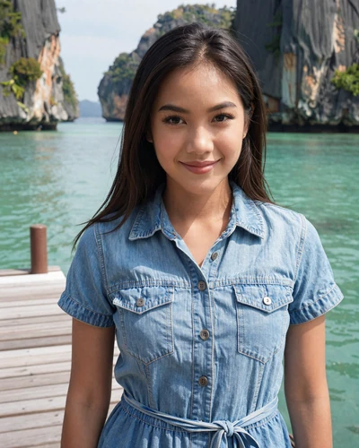 Ning, 24, Thai woman from Phuket in a denim shirt dress on a wooden pier with turquoise waters
