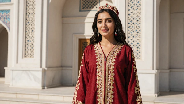 Turkmen woman in traditional dress near Ashgabat's marble architecture