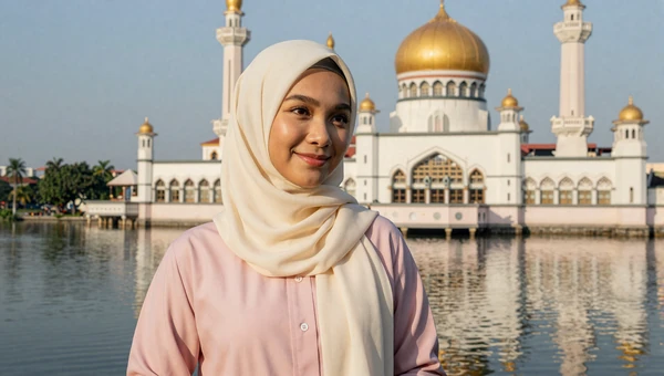 Graceful Bruneian woman near the golden-domed Omar Ali Saifuddien Mosque in serene afternoon light