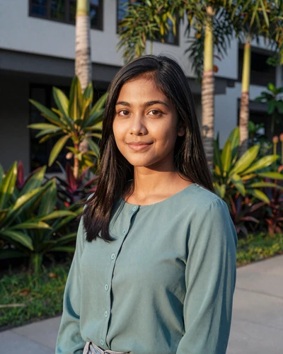 Nurul, 25, verified Malaysian woman from Kuala Lumpur in a teal blouse at a botanical garden