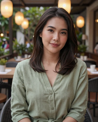Kannika, 27, Thai woman from Chiang Mai in a sage green top at a lantern-lit cafe