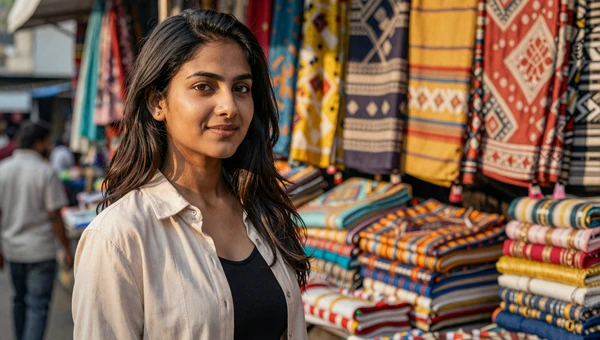 Beautiful Indian woman at a vibrant Mumbai market with colorful textiles and warm golden light
