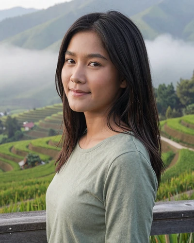 Kannika, 27, Thai woman from Chiang Mai with a serene smile overlooking misty mountains