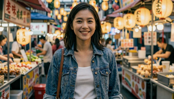 Cheerful Taiwanese woman at a vibrant Taipei night market with warm lantern lights