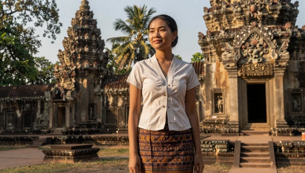 Beautiful Cambodian woman in traditional Khmer sampot near ancient temple ruins with warm golden hour light