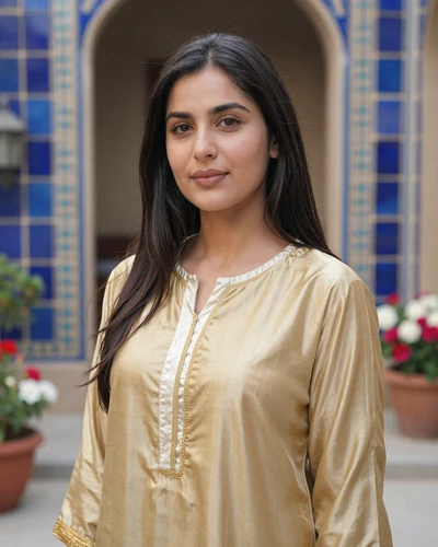 Layla, 26, verified Afghan woman from Herat in a gold and ivory tunic in a traditional courtyard