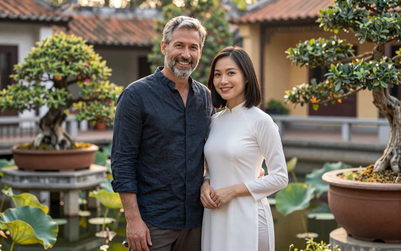 Robert and Linh, a happy American-Vietnamese couple standing together in a traditional Vietnamese garden courtyard with lotus pond