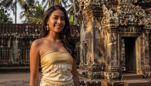 Beautiful Cambodian woman in traditional sampot near ancient temple in golden light