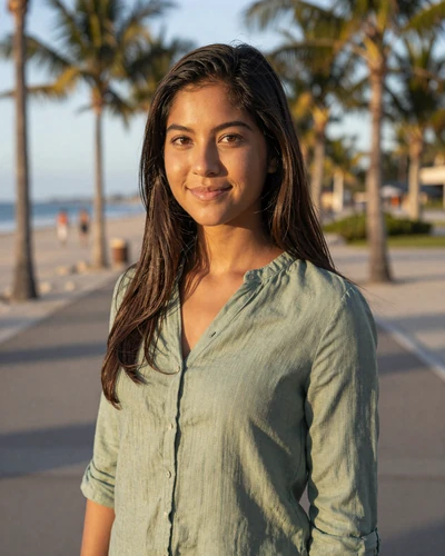 Angelica, 26, Filipina woman from Cebu in a sage green blouse on a tropical boardwalk