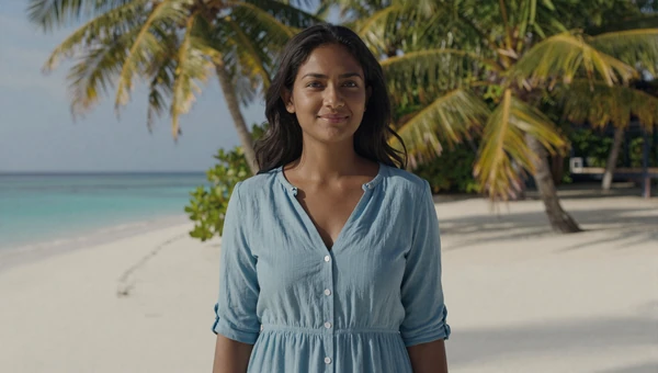 Beautiful Maldivian woman near turquoise ocean shoreline with white sand and palm trees