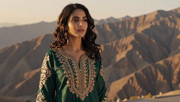 Afghan woman in embroidered dress with mountain landscape at sunset