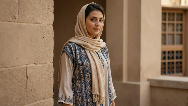 Elegant Afghan woman in casual attire near traditional stone architecture in warm golden light