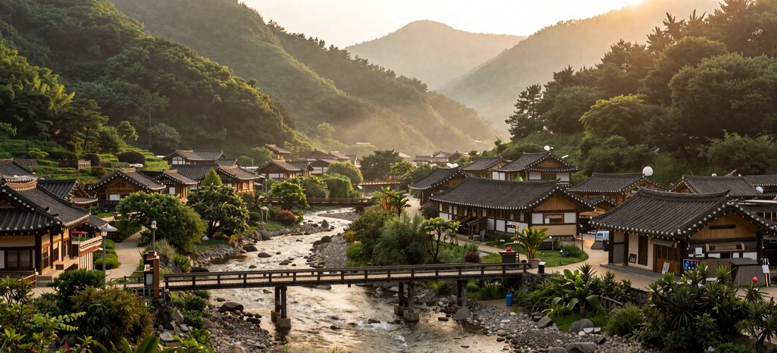 Scenic Korean mountain valley with traditional village rooftops among green hillsides and a winding river reflecting golden sunrise light