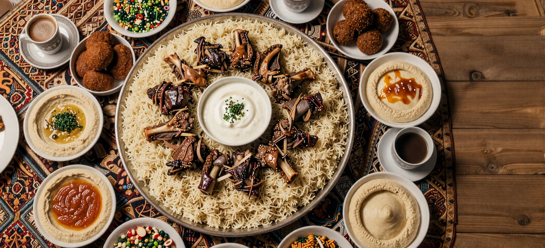 Traditional Jordanian mansaf feast with lamb over rice surrounded by hummus tabbouleh falafel and Arabic coffee representing Jordanian culinary heritage