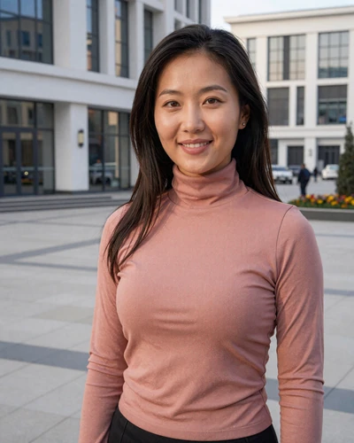 Dana, 28, verified Kazakh woman from Astana in a dusty rose turtleneck at a modern urban plaza
