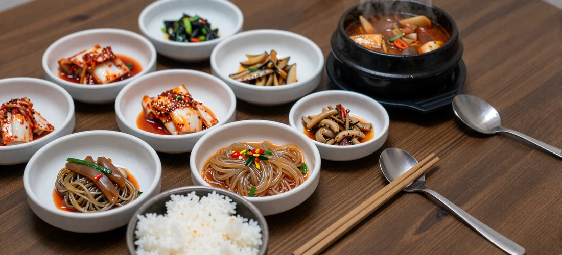Traditional Korean table setting with colorful banchan side dishes, kimchi, rice, and steaming doenjang jjigae soup on a warm wooden table