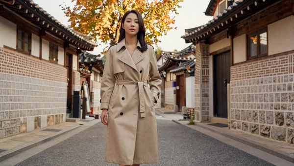 Stylish Korean woman walking along a charming Seoul street with traditional hanok architecture