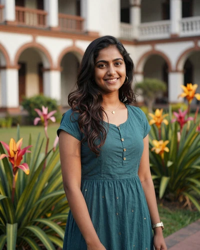 Dilani, 27, Sri Lankan woman from Colombo in a teal dress in a tropical garden setting