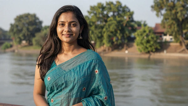 Bangladeshi woman wearing a teal sari near a scenic river