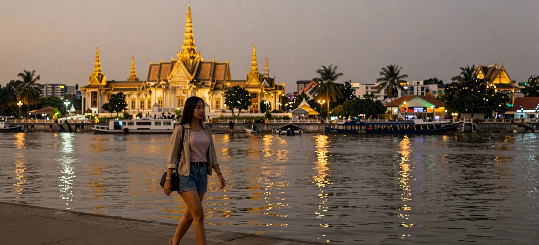 Modern Phnom Penh riverside at dusk with illuminated Royal Palace golden rooftops and palm-lined promenade